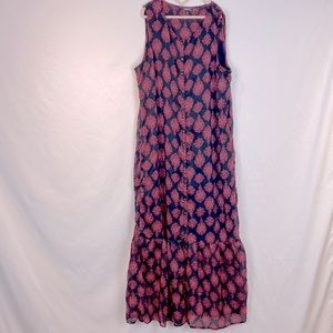 LUCKY BRAND Maxi Dress Sz L Sleeveless Navy Pink Designs Button Down Ruffle
